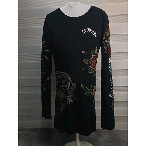 Ed Hardy Sweater Dress XS Tigers Blood Rose Los Angeles Black 90's Y2K Mini